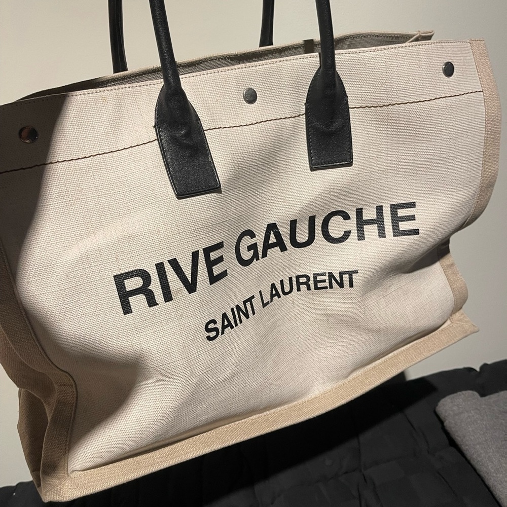 Saint Laurent RIVE GAUCHE SMALL TOTE BAG IN LINEN AND LEATHER